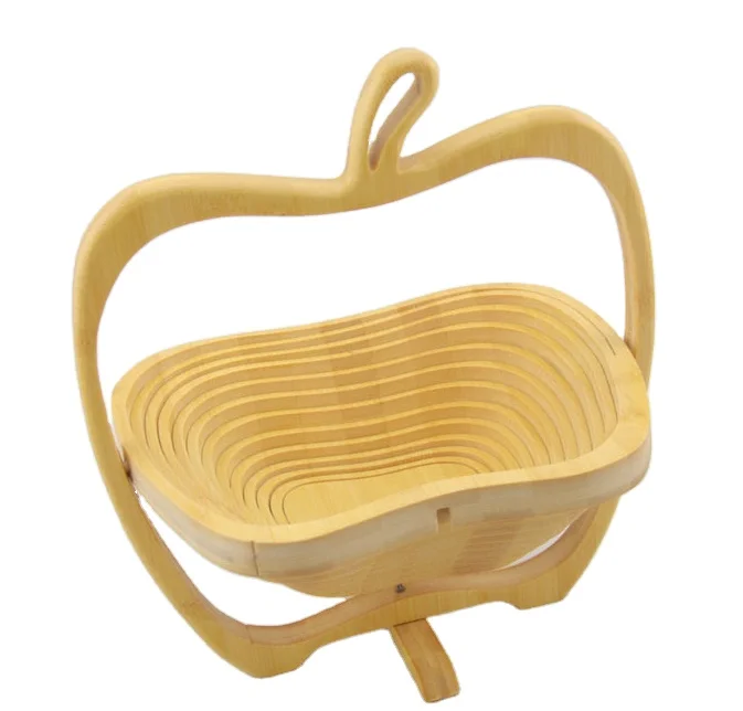 Manufacturers Kitchen Rotatable Collapsable Apple Shaped Bamboo Folding Display Fruit Vegetable Storage Basket