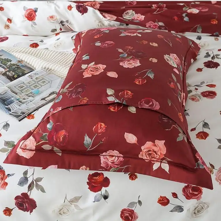Printed Bed Duvet Cover Set 3 Pcs 100% Cotton Vintage Chic Rose Flower Super Soft Skin-friendly Crisp Bedding Set