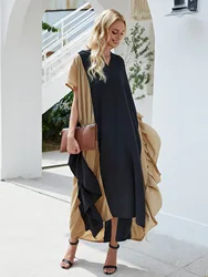 Trendy Contrast V Neck Dress For Muslim Girl Casual One Size Ruffle Sleeve Splice Color Long Dress Abaya Arab Ethnic Clothing