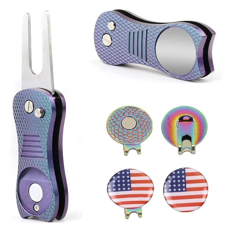 Custom Aluminium Automatic Retractable Golf Divot Tool Colorful Cheap Foldable Divot Repair Tool Custom Logo Golf Folk