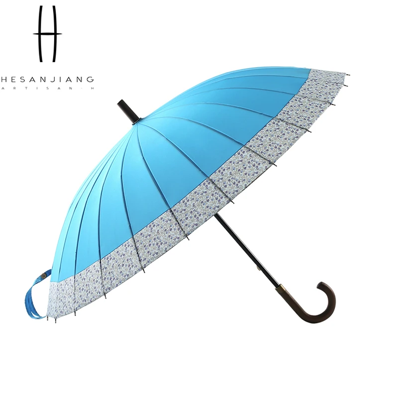 24K large green long gift umbrella manual open wooden hook handle straight umbrella with custom logo