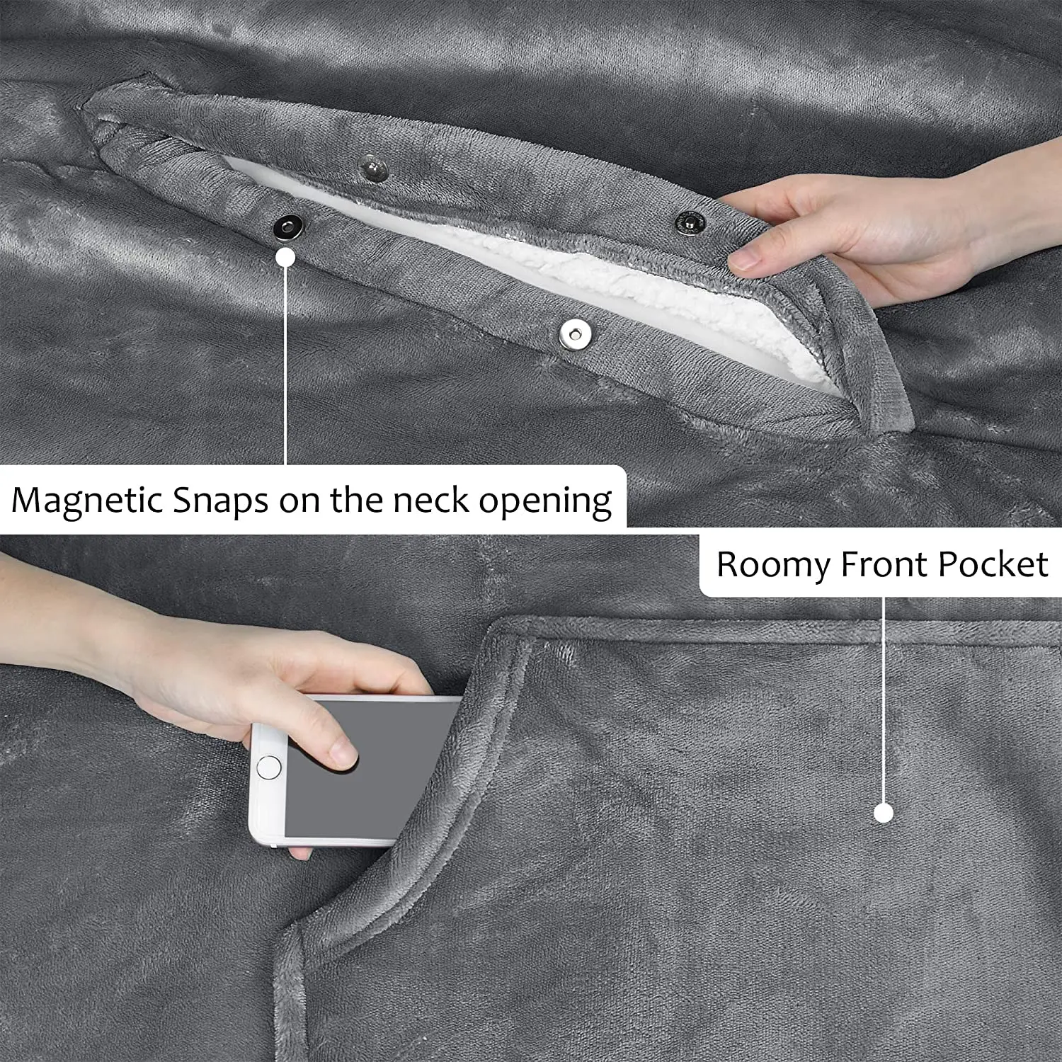 Kingworth Adult Hooded Camping No Sleeves Poncho Wrap Sherpa Wearable Blanket With Pocket