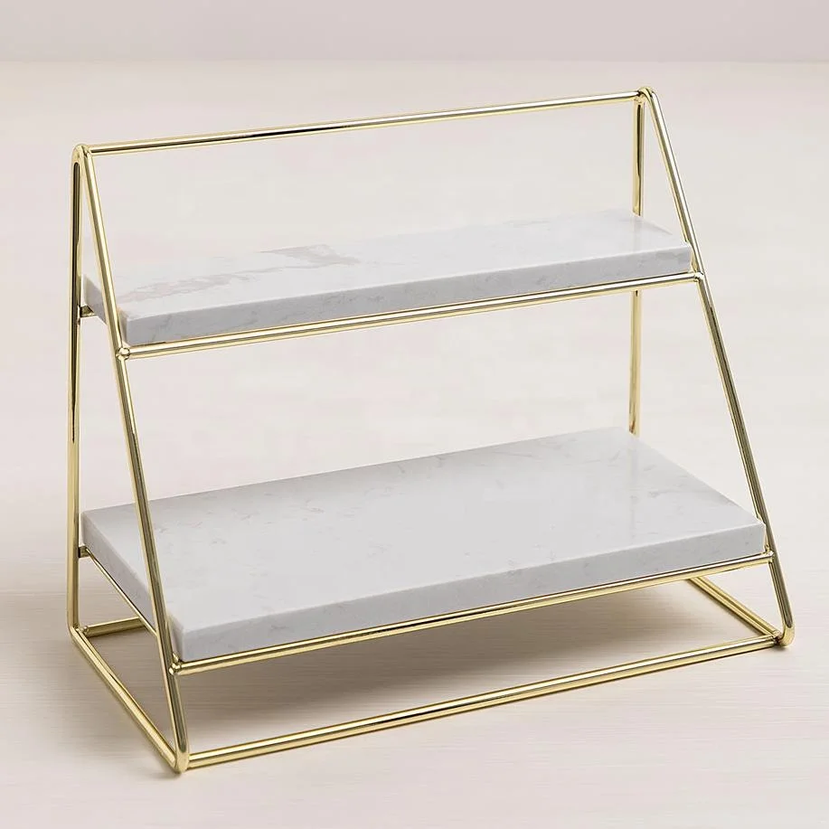 multipurpose 2 Tier Marble shelf display table with Gold Metal for cosmetic display catering hotel restaurant display stand