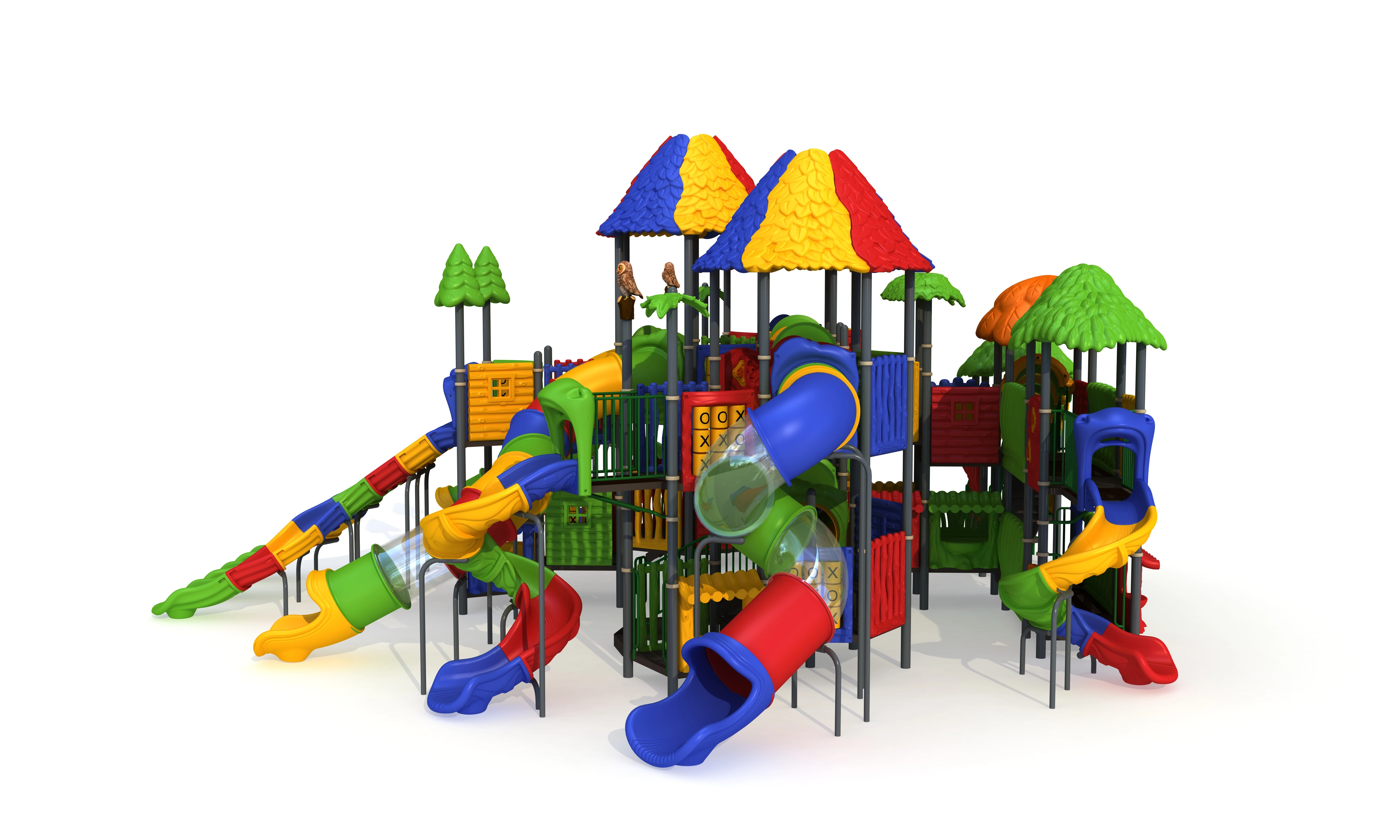 Colorful rainbow Big playground with high play towers and slides for landscaping and amusement park