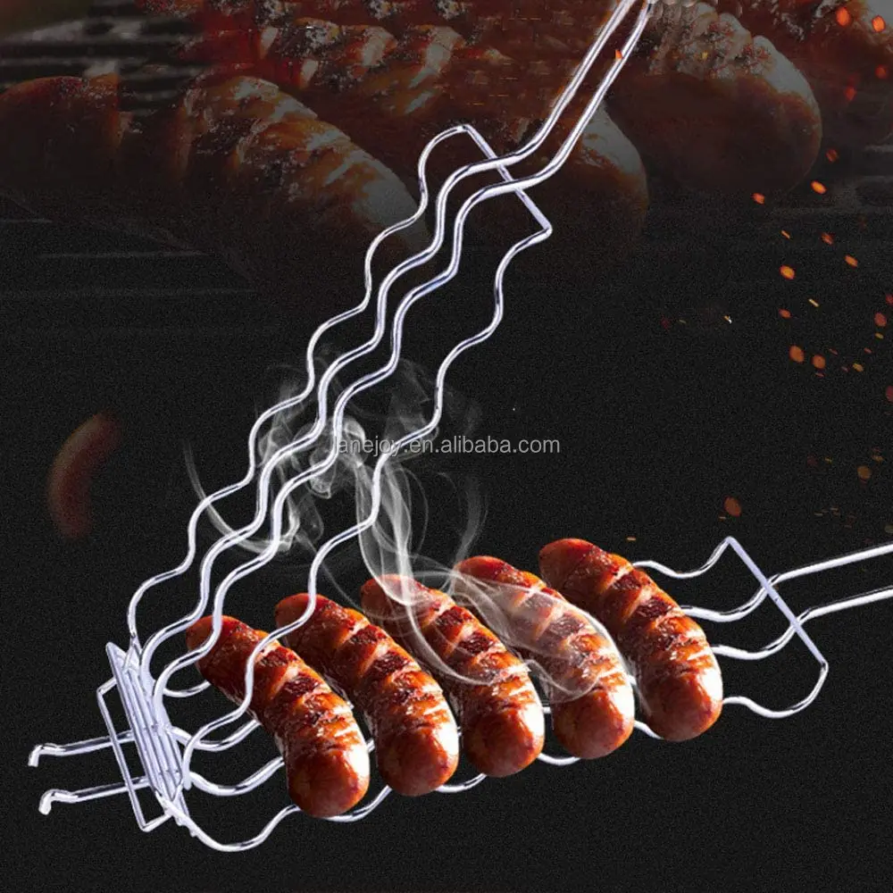 Bbq Grill Mesh Net For Sausage Barbecue Basket With Wooden Handle