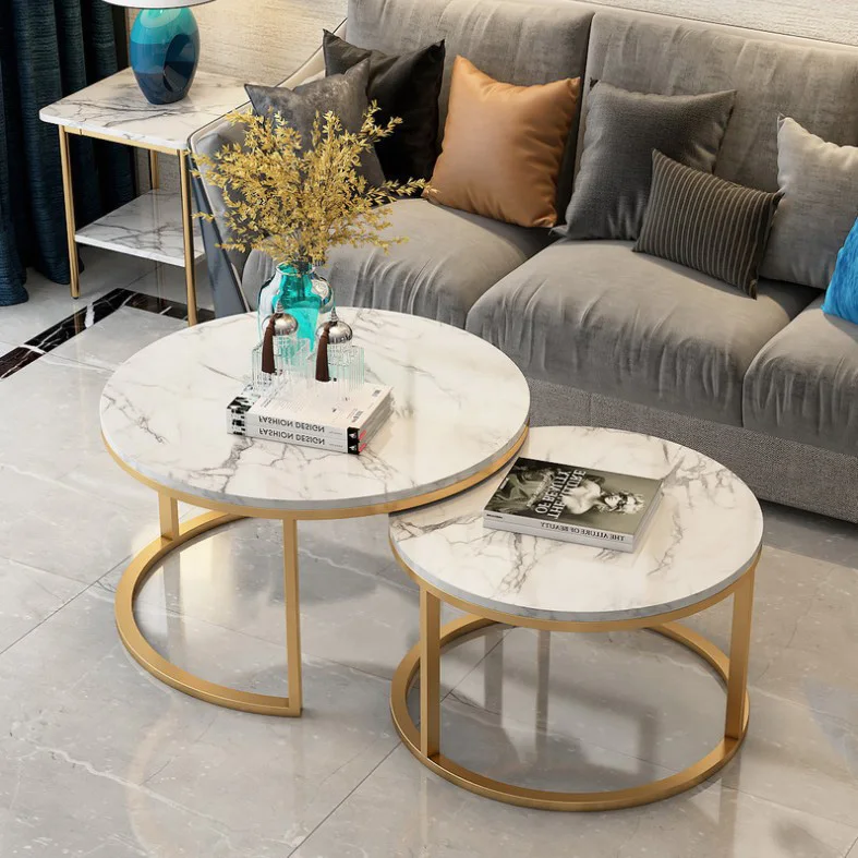 Space saving metal frame luxury modern style round living room stone table set