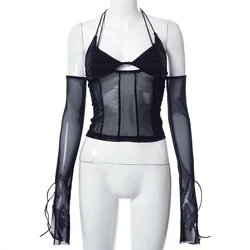 New Trend Sexy Club Mesh One Piece Spandex See Through Backless Summer Halter Longsleeve Fishnet Sheer Bodysuits For Women