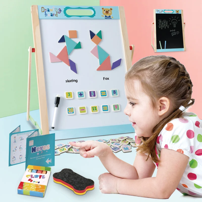 Wooden Toys Double-sided Magnetic Drawing Board for Children 3D Puzzle  Learning Wood Toys Kid New 2022