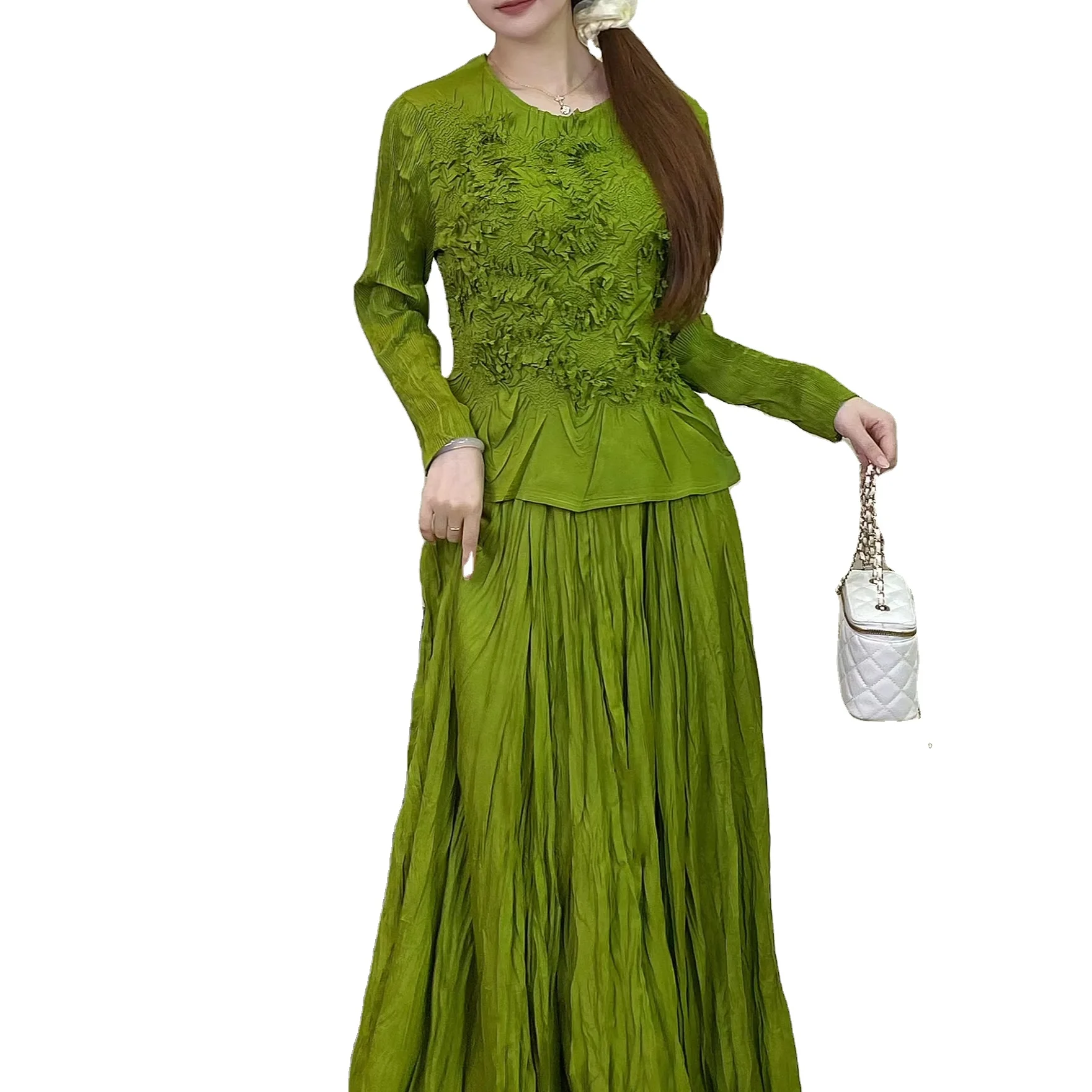 2025 Women Clothing Pleated Fabric Two Piece Set Women Clothing Shirt and Skirt Set