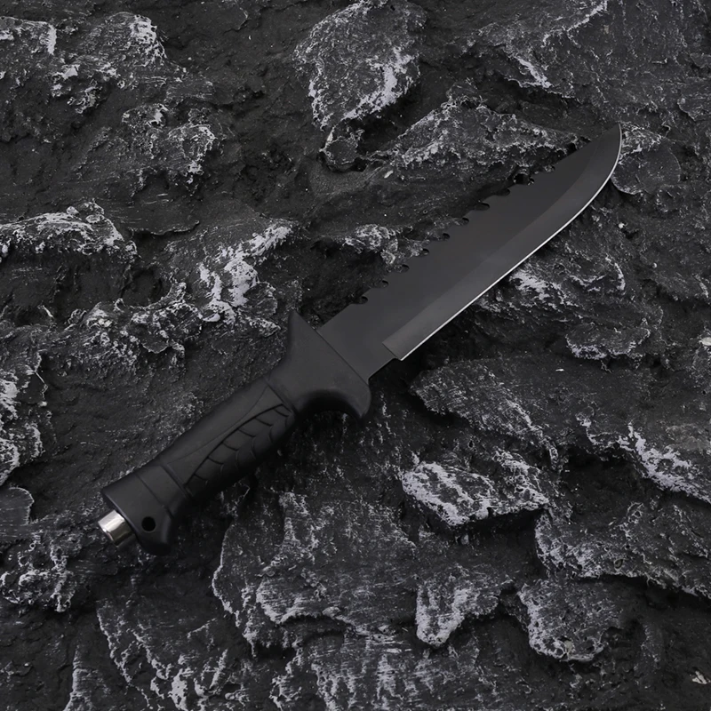 Outdoor survival black knife soft TPR handle camping tactical fighting knife fixed blade knife hunting with compass