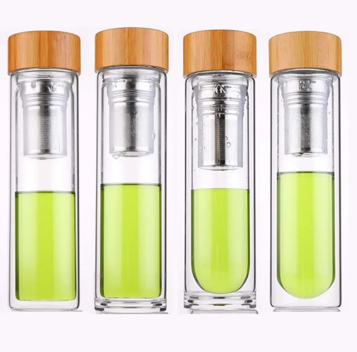 Double Wall Glass Tea Infuser tumbler With Leak proof Bamboo Lid & Sleeve