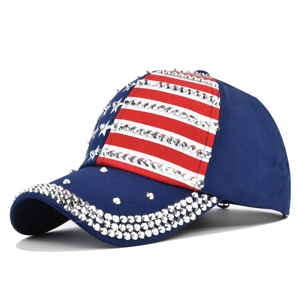 Newest Shiny Crystal Rhinestone Sun Visor Hats Hip Hop Style American Flag Pattern Baseball Caps For Men Women