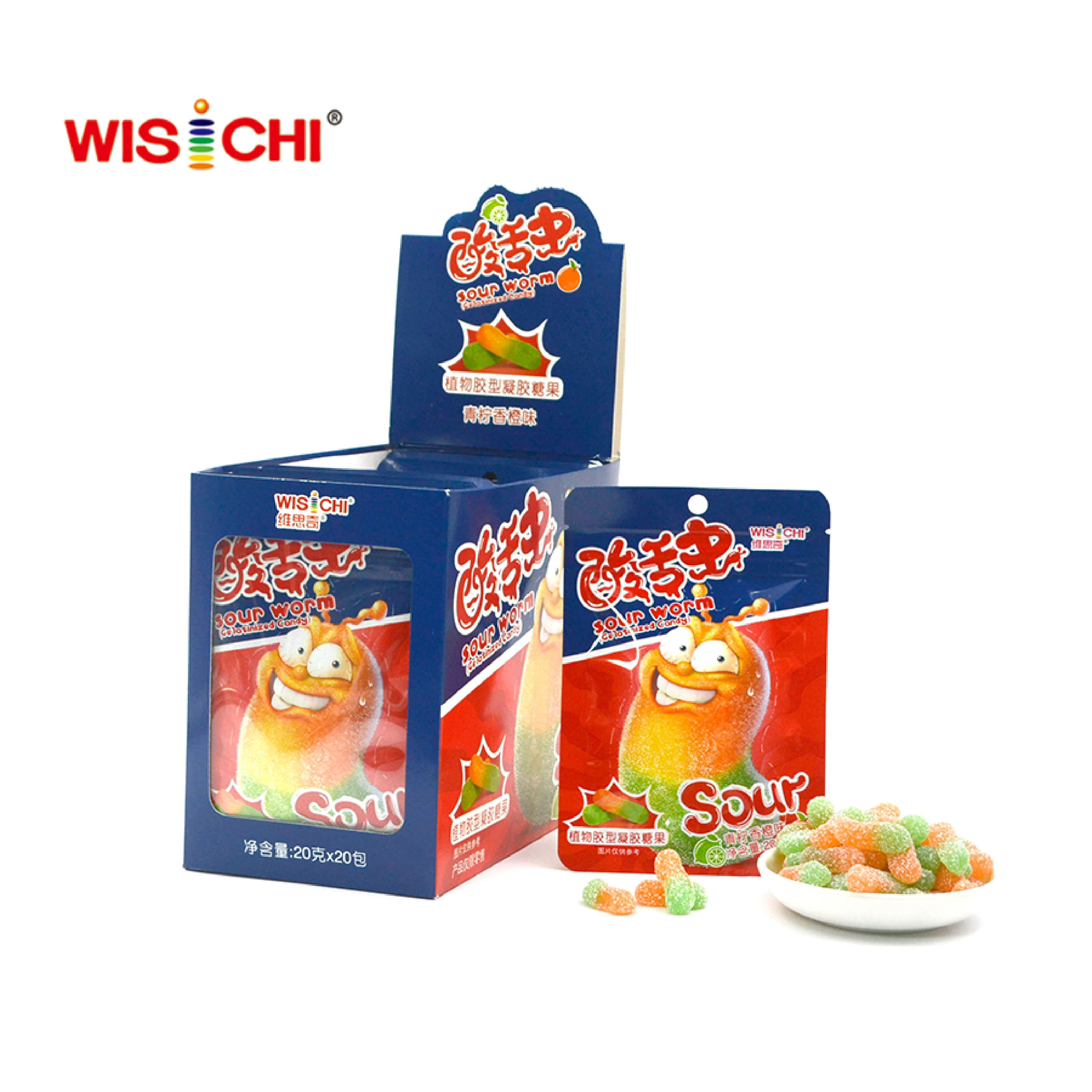 Free sample vegan sour worm gelatinzed candy pectin soft candy withstand high temperature