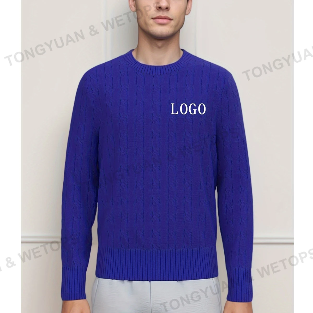 BSCI Sweater Manufacturers Royal Blue White Greek Pullover Embossed Cable Solid Color Knitted O-Neck Collar Winter Sweater