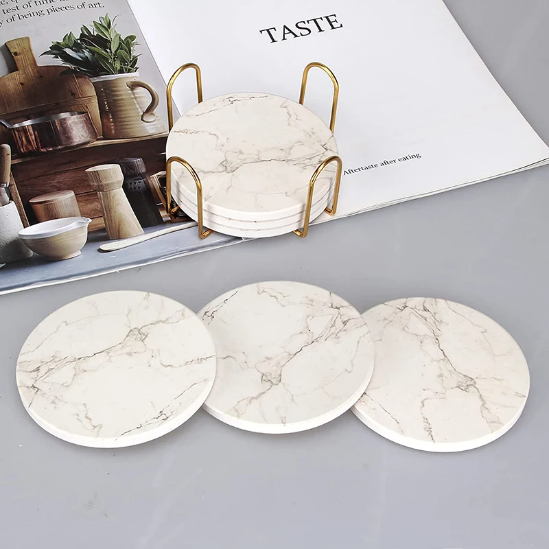 Promotional Customized Set of 6 with Holder Round Absorbent Ceramic Bar Coaster with Cow Pattern Printed and Cork Base
