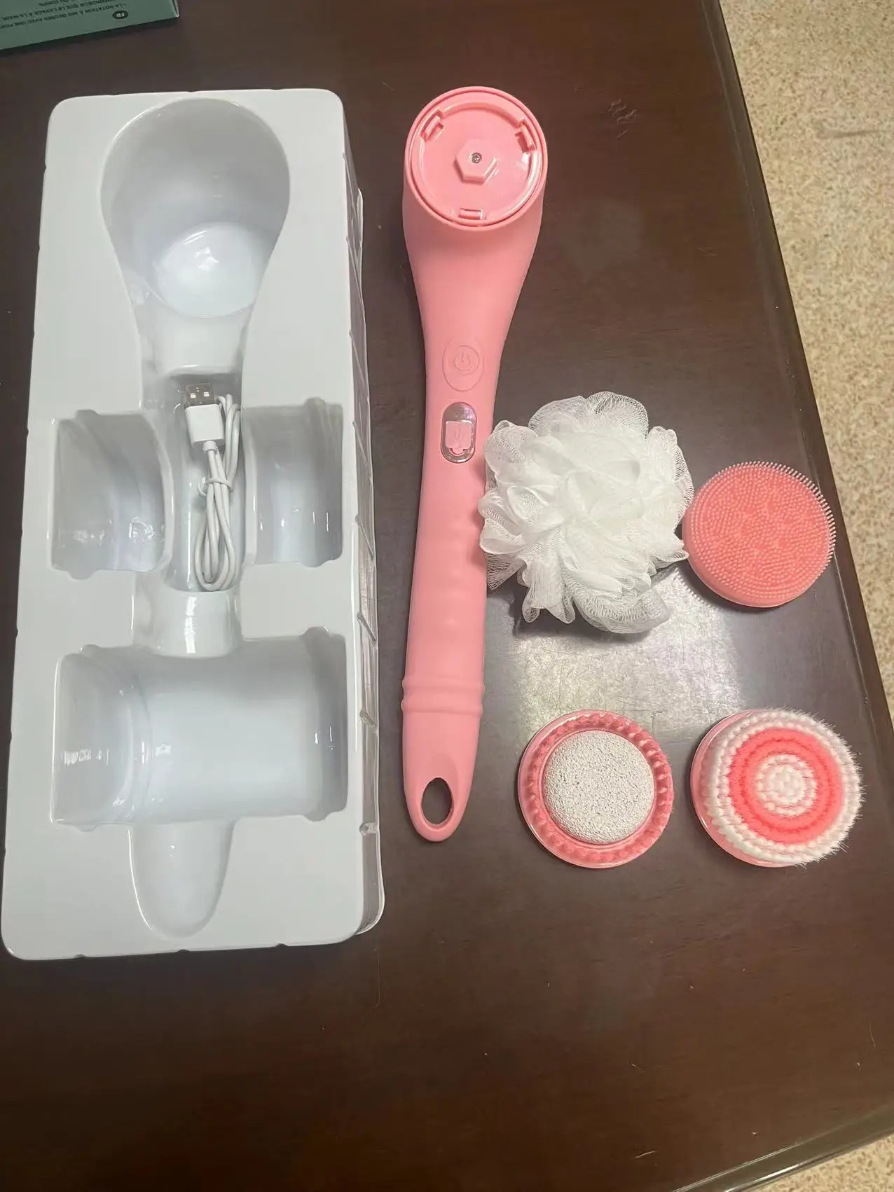 4 IN 1 ELECTRIC Rechargeable Body Mssage Silicone Bath Body Exfoliate Bristle Brush with Long Handel Waterproof Body Scrubber