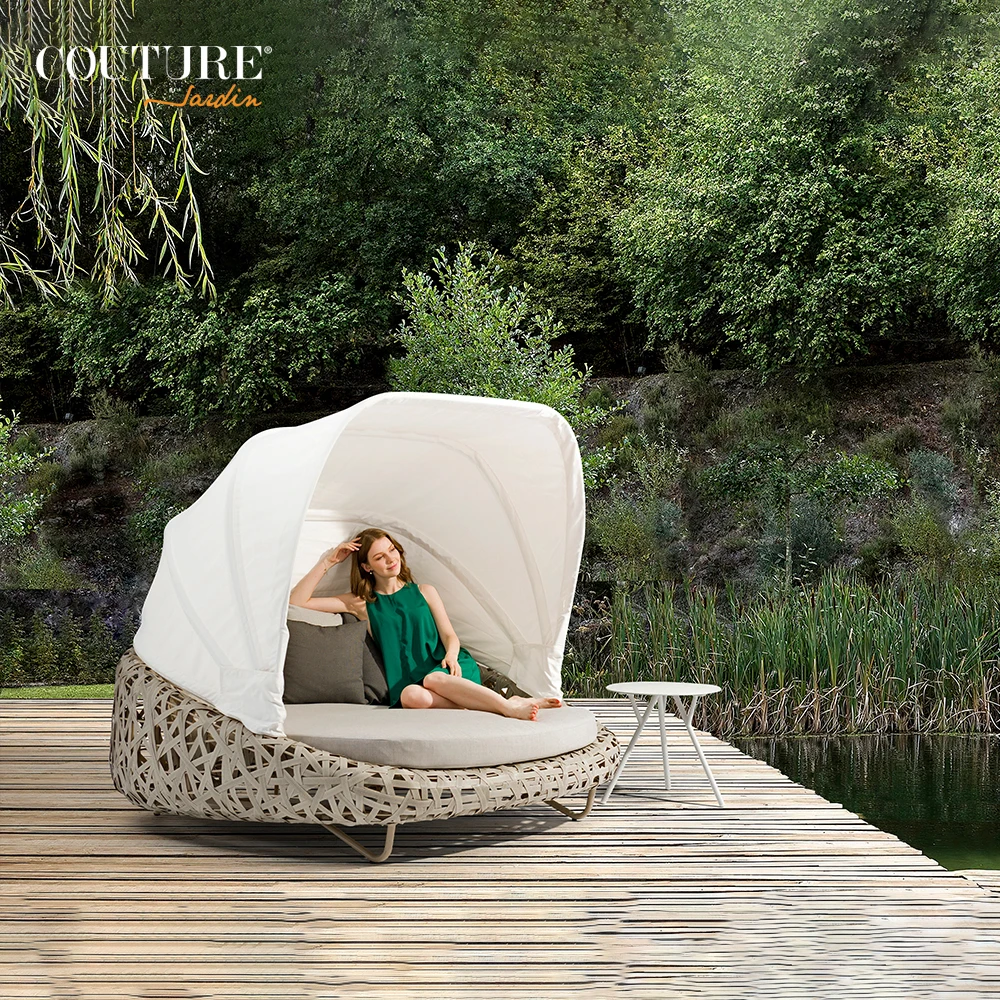 Couture Curl  rattan sunbeds with canopy swimming pool furniture hotel garden sets sun loungers beach and sea