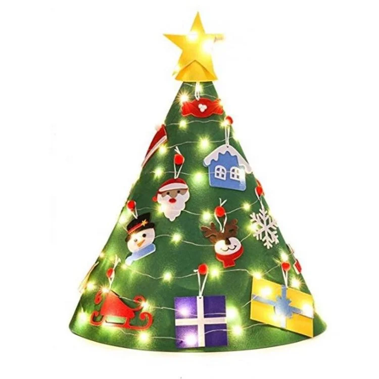 free sample big stock 2023 funny 3D DIY felt christmas tree with LED string lights