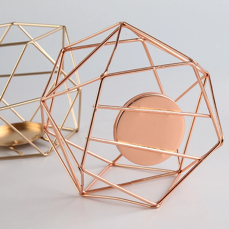 Table Top Geometric Metal Wire Iron Tea Light Candle Holder Lantern Rose Gold Stainless Steel Metal Iron Candle Holder