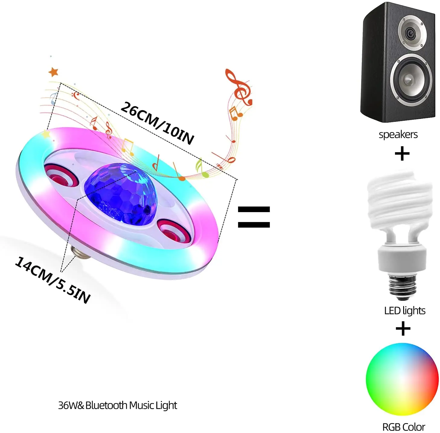LED BT Light Bulbs with Double Speaker Disco Ball,Wireless 36W RGB Color Changing Music Lamp with Remote Control for Home