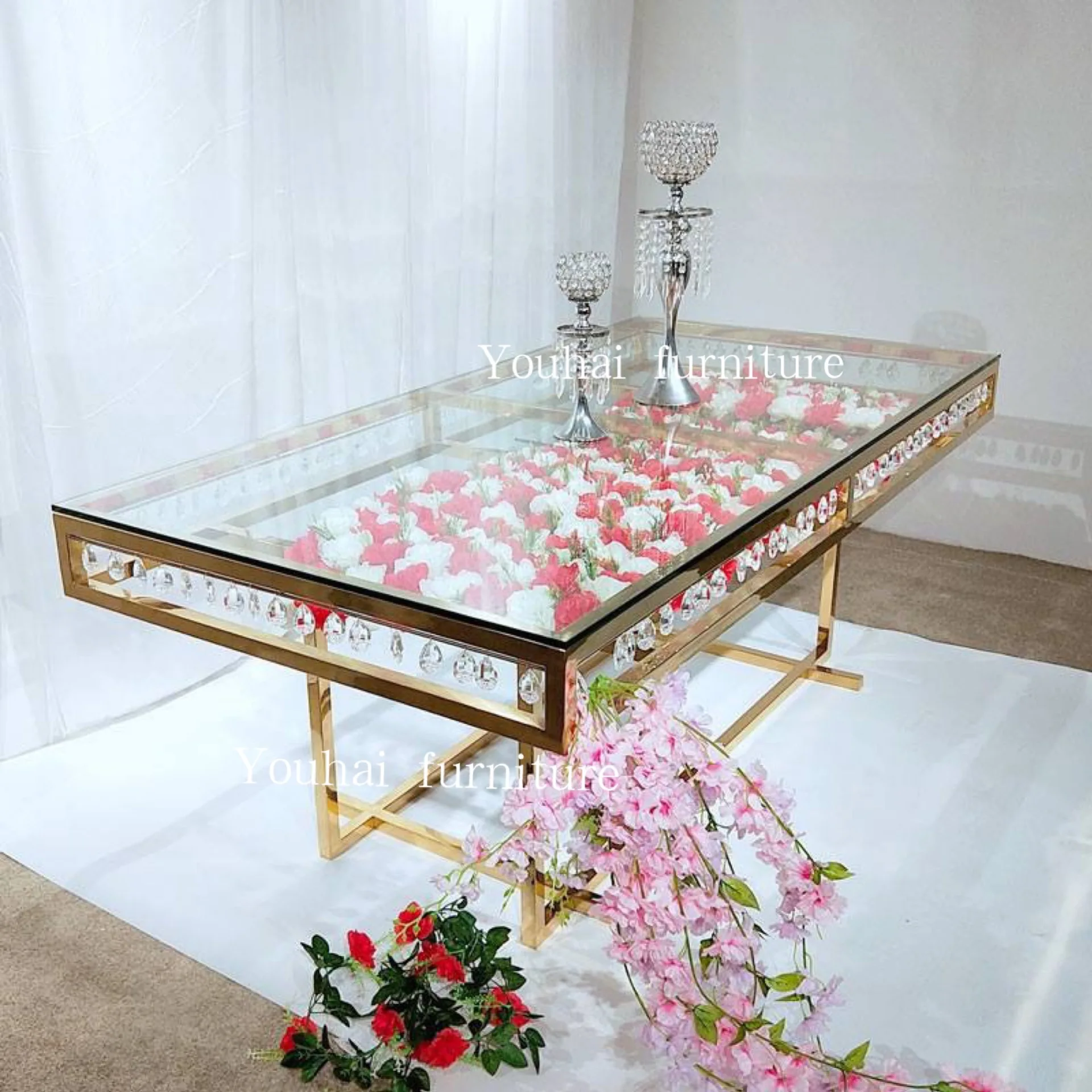 Wedding furniture golden rectangular stainless steel wedding use hotel banquet table and chair