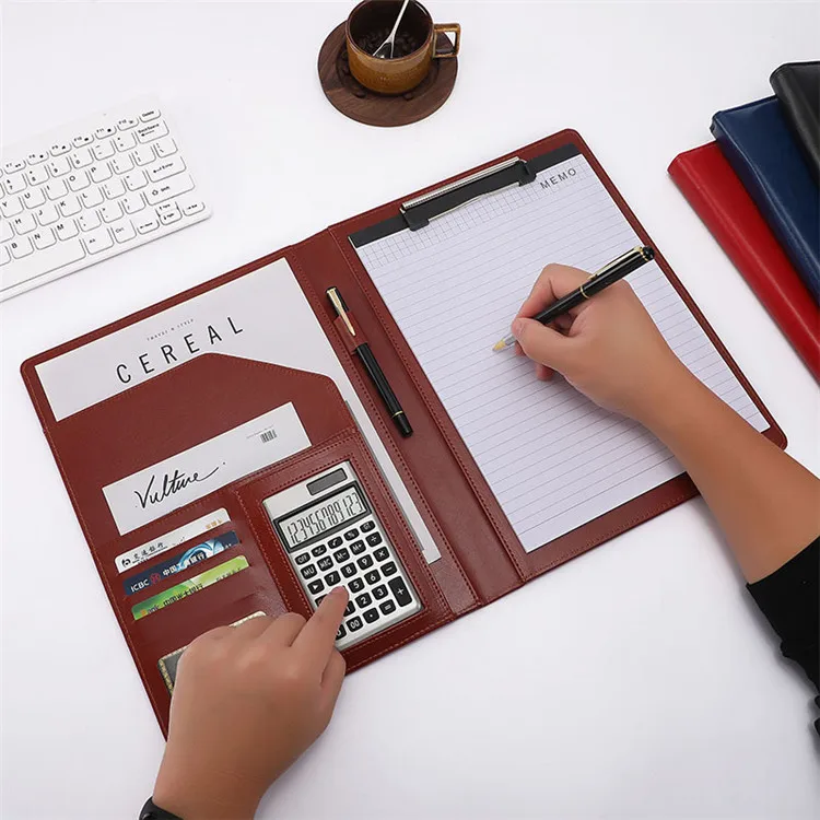 
Portfolio Folder A4 Interview Resume Leather Folder Document Portfolio Organizer with Calculator Note Paper Pen Clipboard Folder 