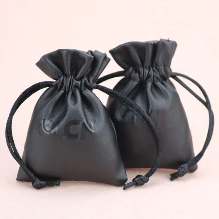 Embossed logo drawstring jewelry gift fashion pu pouch leather bags