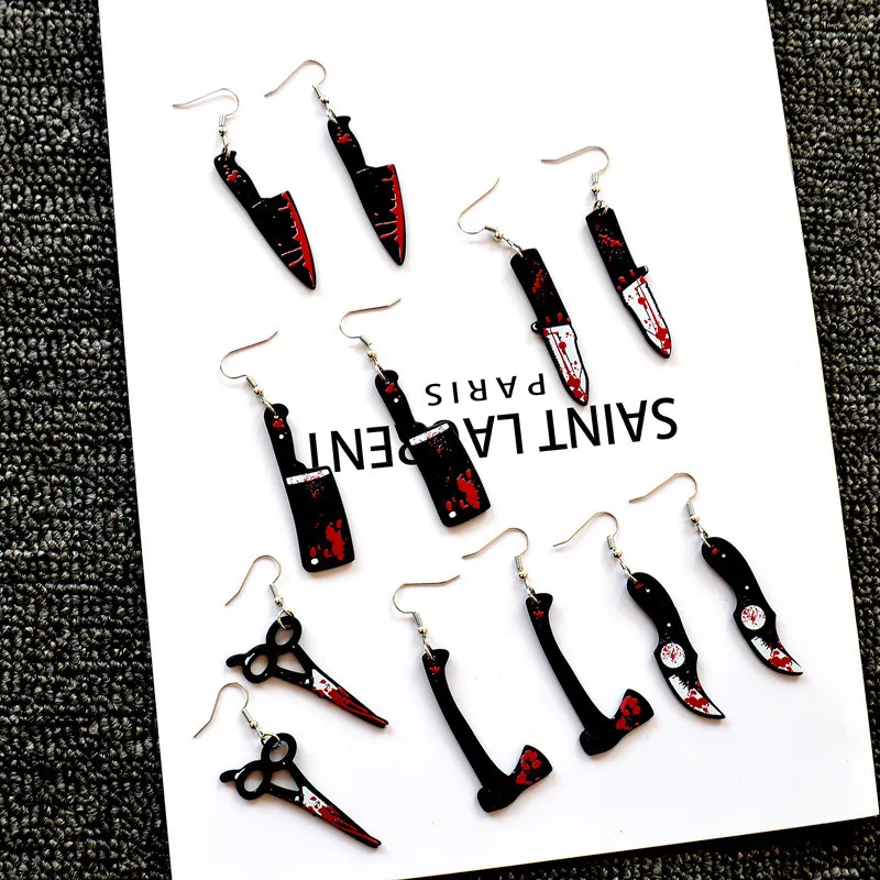 Harajuku Fashion Halloween Cosplay Horror Blood Dark Punk Acrylic Wholesale Gothic Scissors Dagger Knife Drop Earrings