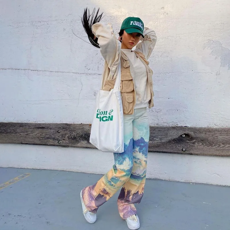 2021 New Women High Waist Straight Printed Slim Trend All-match Casual Pants wide leg pants korean style y2k pants