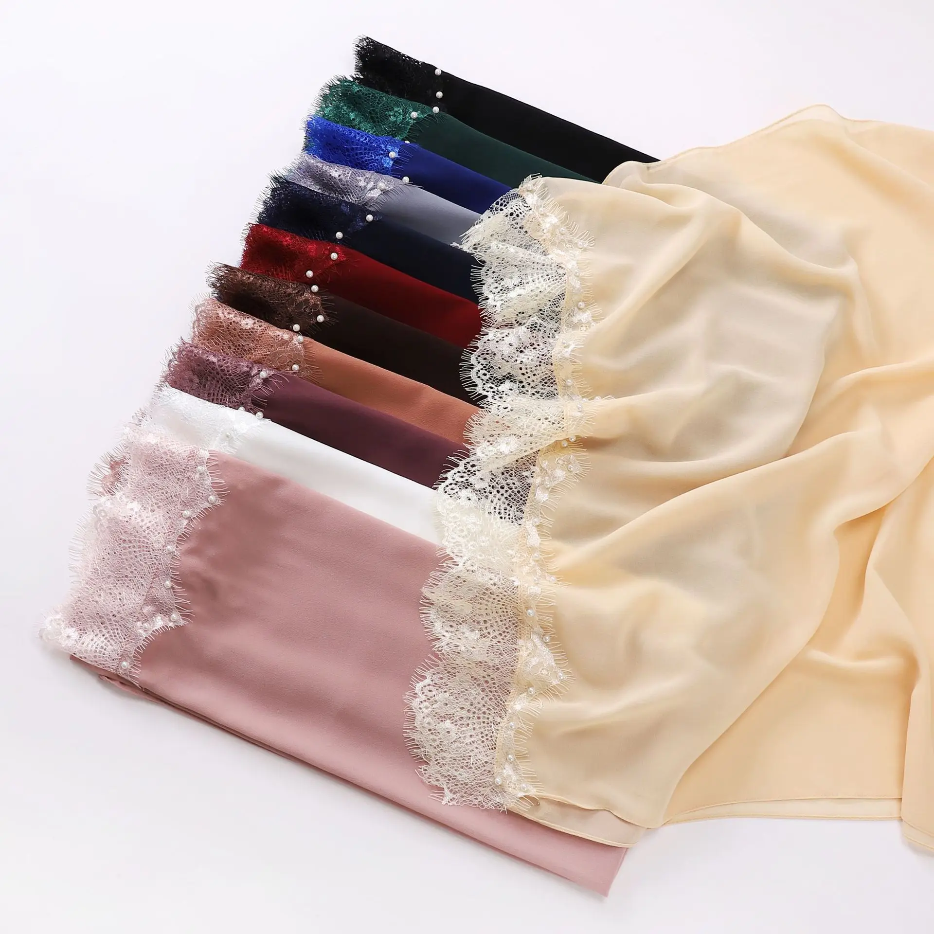 Wholesale New Chiffon Veil Hijab Lace Bead Edge Scarf Islamic Headscarf Muslim Long Turban Hijab For Women