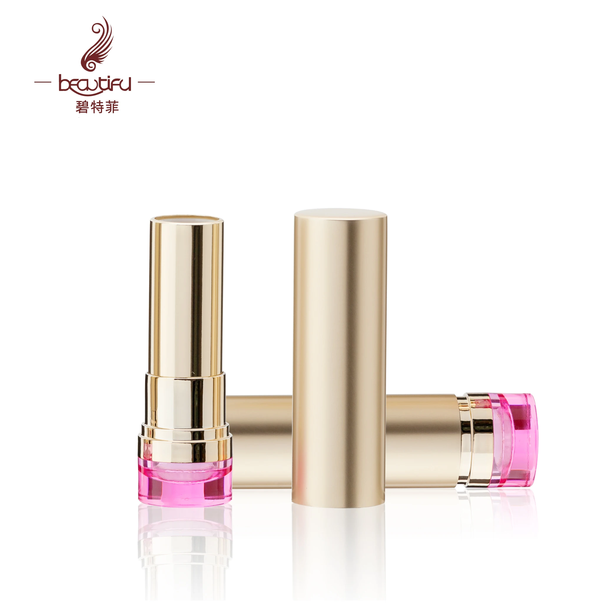 Empty spectaculargold aluminum lipstick case/container/tubes/packaging with a pink base to display color of lipstick
