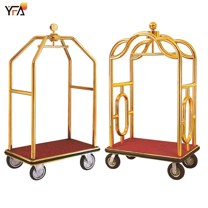 Good Quality Factory Price Hotel Birdcage Stainless Steel Bellman Trolley Luggage Cart Titanium Luggage Cart