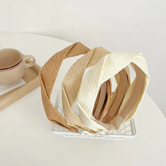 Retro Style Diamond Cross Straw Weaving Headband - Solid Color Bohemian Hair Accessory, Perfect Tropical Outfit Accent