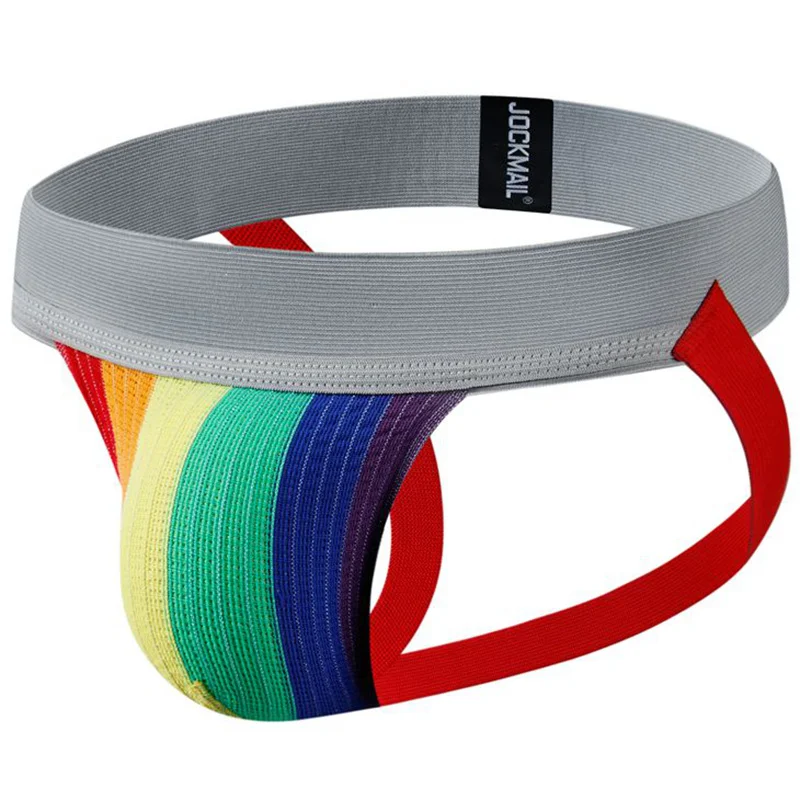 JOCKMAIL luxury quality Gay Jockstraps Rainbow stripe men underwear Sexy male bikini underpants Sissy G-string