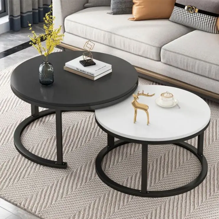 Contemporary Round Nesting Bent Black Gold Metal Side Glass Marble Stone Mdf Wood Coffee Table Nest Of 3 Table Set Nesting Table