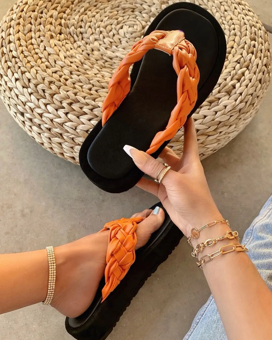 wholesale knitted thick sole sandals slippers open toe weve ladie beach summer flip flops for women