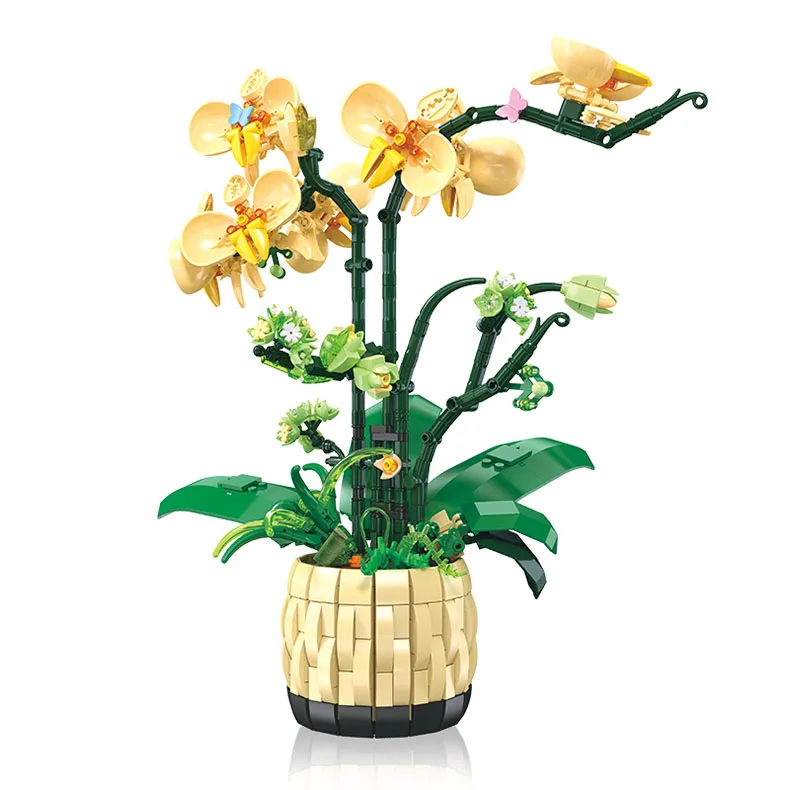 Hot Sell Orchid Artificial Plant Flower Building Block Set With Replaceable Flower Diy Office Home Decor Gift Set