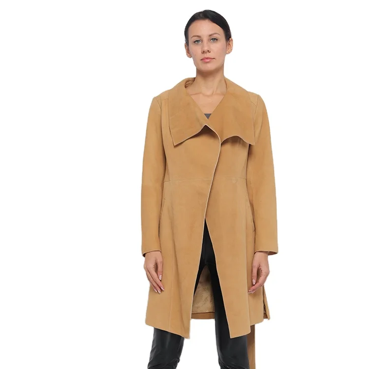 
OEM/ODM goat nubuck leather fashion shape women winter leather coats with belt 