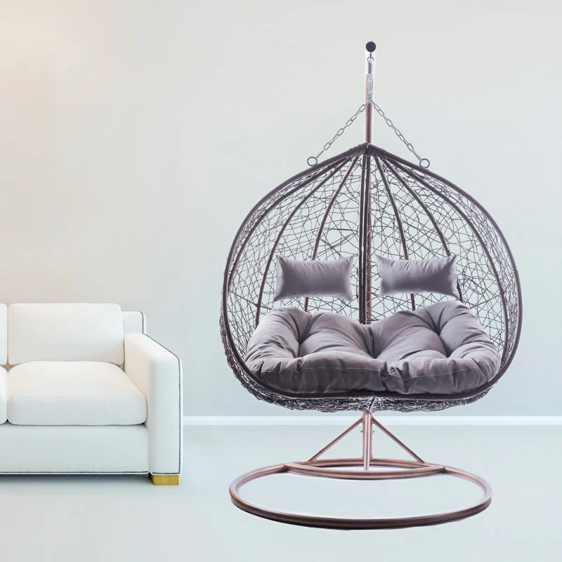 Durable Double Nest hanging chair,PE wicker swing chair,nest swing chair with big cushion and stand for two people