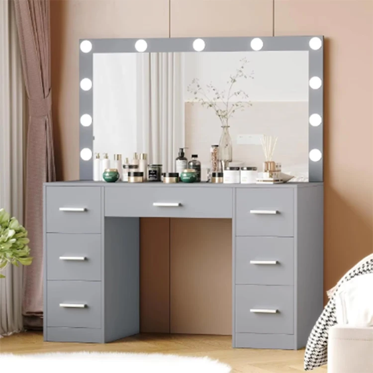 Vanity Desk with Mirror Power Outlet and 10 Lights Makeup Table with 7 Drawers 3 Color Modes Available for Bedroom Light Gray