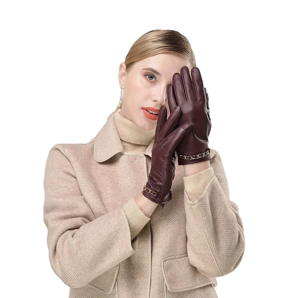 2023 новый дизайн, простые и элегантные женские кожаные перчатки с украшением в виде цепочки, изготовленные с китайского завода