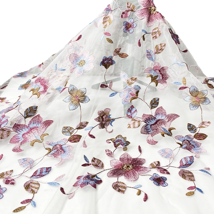 Harvest boho nylon polyester pink and navy floral design embroidered fabric 190-200 gsm for dress