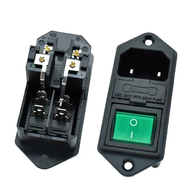 3 In 1 Series 10A 250V AC Socket With 4-pin Rocker Switch Red Light C13 C14 AC Power Socket With Double Fuse Seat