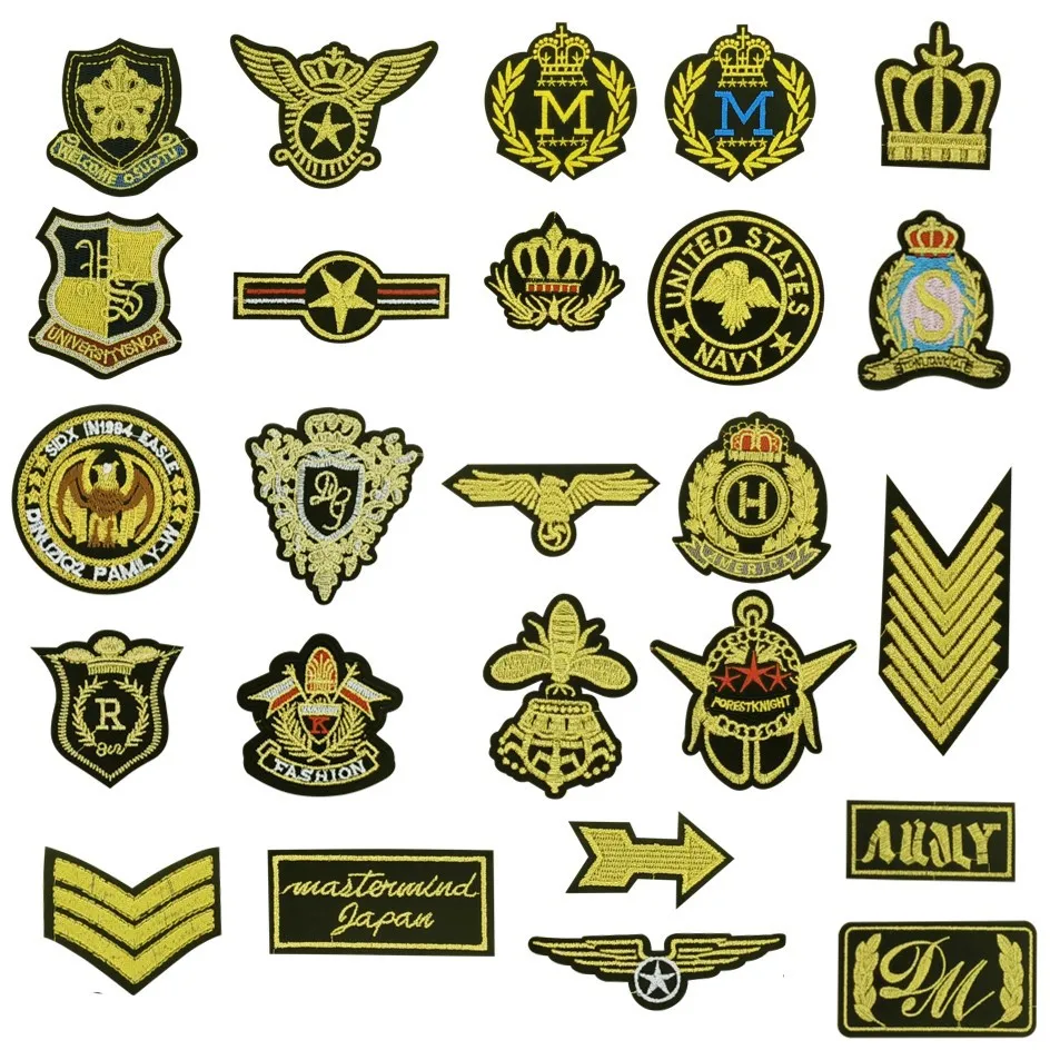 Gold crown badge shield school uniform embroidered stickers college campus clothes hat patches adhesive iron on patch
