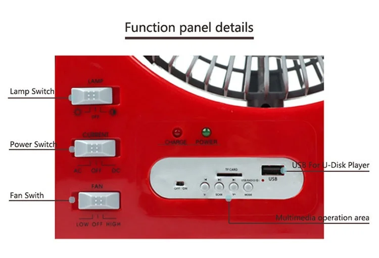 Multi-Media USB Charging Bluetooth Multi-Function Solar Panel Fan  8 Inch Rechargeable Solar Fan 3.2v 5800mA  Battery