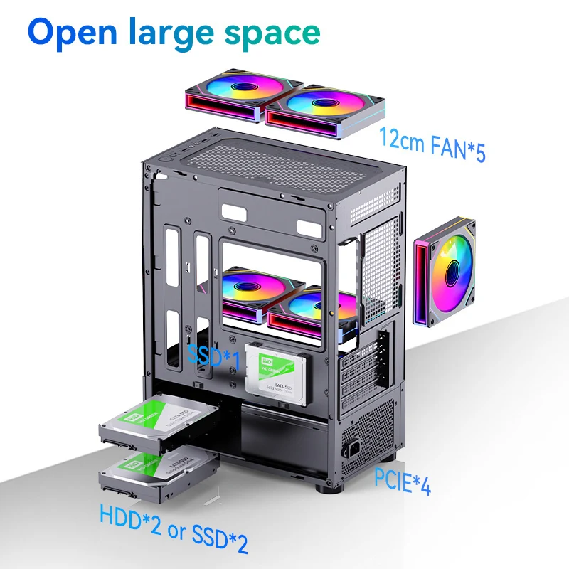 SNOWMAN PC Case Gaming Full View Dual Tempered Glass With USB3.0 Ports Black GPU Limit of 305mm In Length PC Computer Case