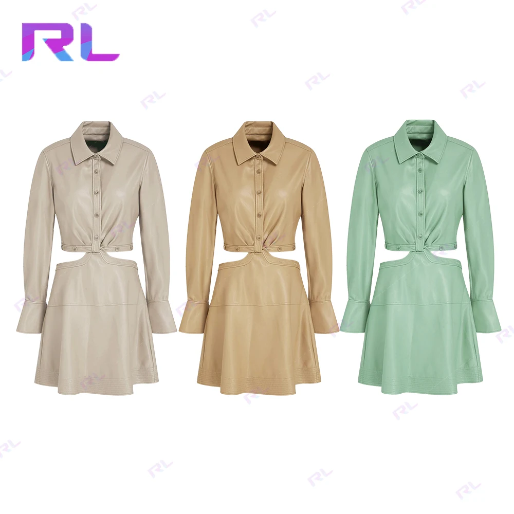 Long Sleeve Autumn Women Streetwear Clothing cutout twisted faux leather mini shirt dress 2 Piece Skirt Set Women Dress Set