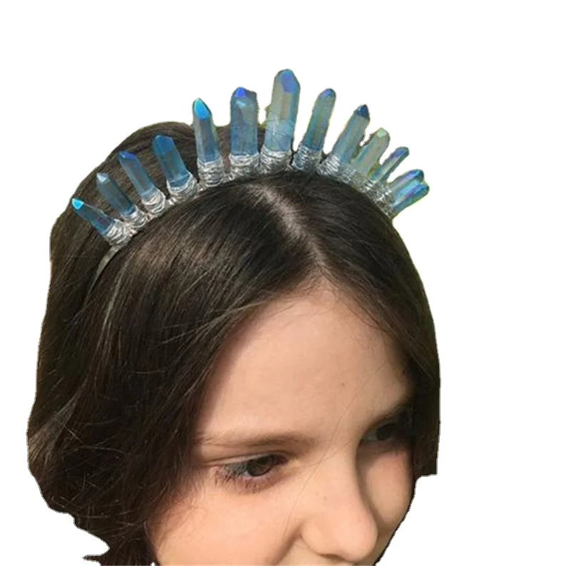 2022 Taoxi Hair Comb Angel Aura Blue Natural Crystal Quartz Crown Headband Quartz Point Pendants Jewelry