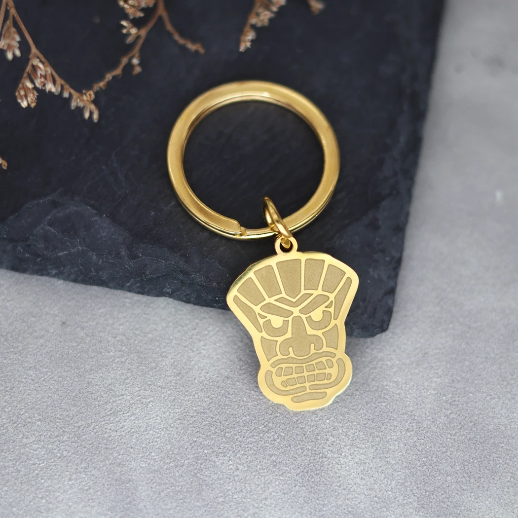 Stainless Steel Custom Name Keychains Women Tiki Mask Hawaii Luau Punk Key Ring Trendy Jewelry Engraved Keyring Men Gift