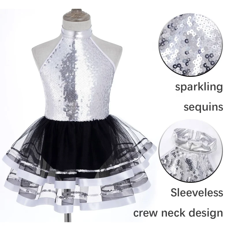 4-16 Kids Dance Costume Girls Stylish Clothing Sleeveless Round Sequins Tutu Mesh Dance Dress